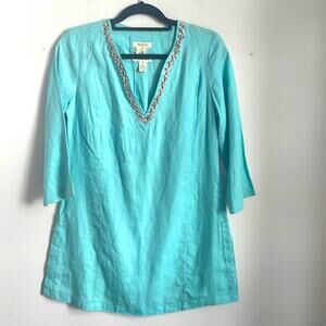 Malvin 100% linen V neck rhinestone embellished 3/4 sleeve tunic top sz M
